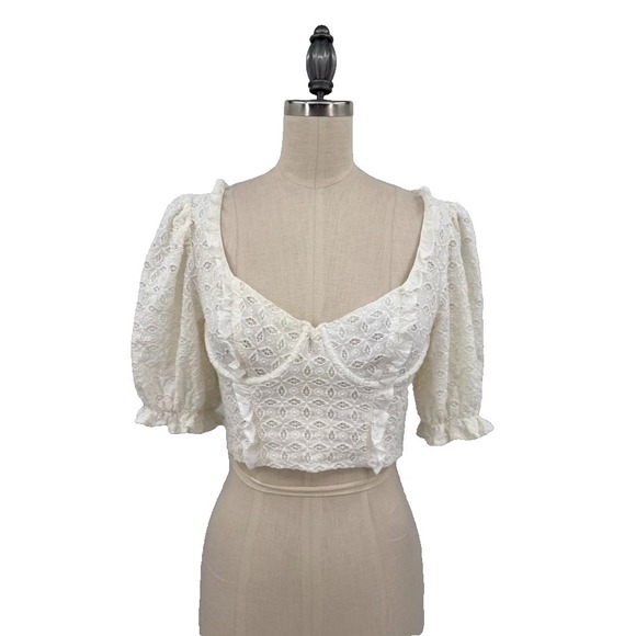 For Love & Lemons White Lace Up Eyelet Corset Top XS Puff Sleeve Cottagecore - Picture 3 of 9
